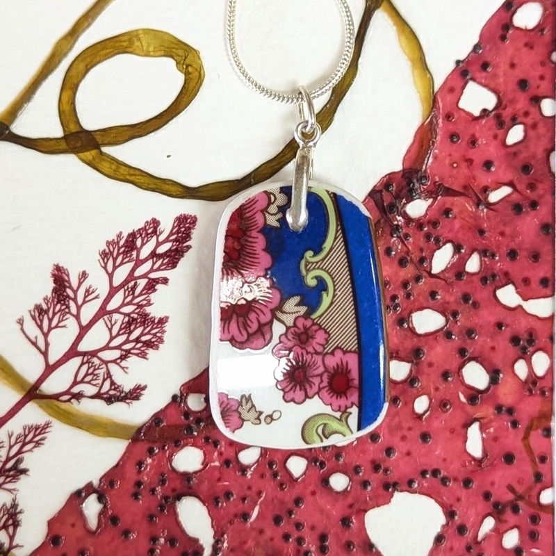 Sterling Silver Fuchsia Flowers Broken China Necklace