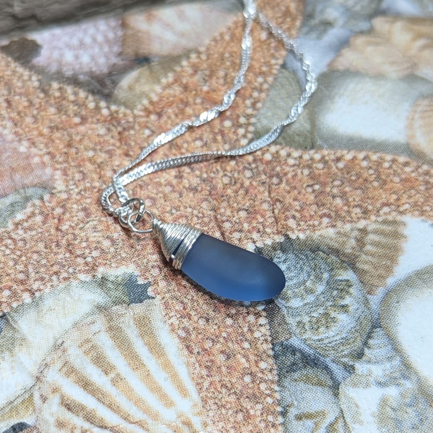 L02 Blue Solo Wire Wrapped Sea Glass Necklace