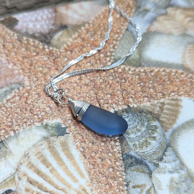 L02 Blue Solo Wire Wrapped Sea Glass Necklace