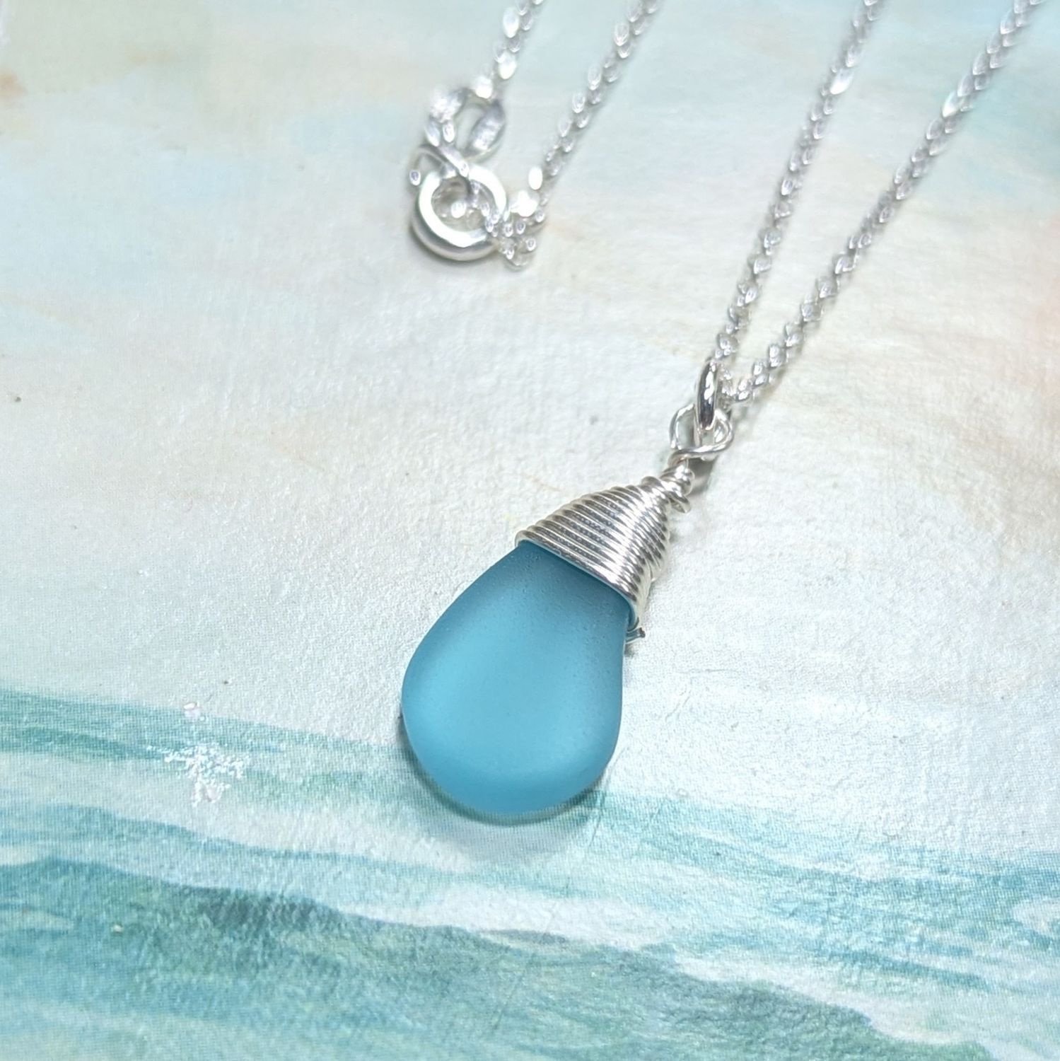 L02 Aqua Solo Wire Wrapped Sea Glass Necklace