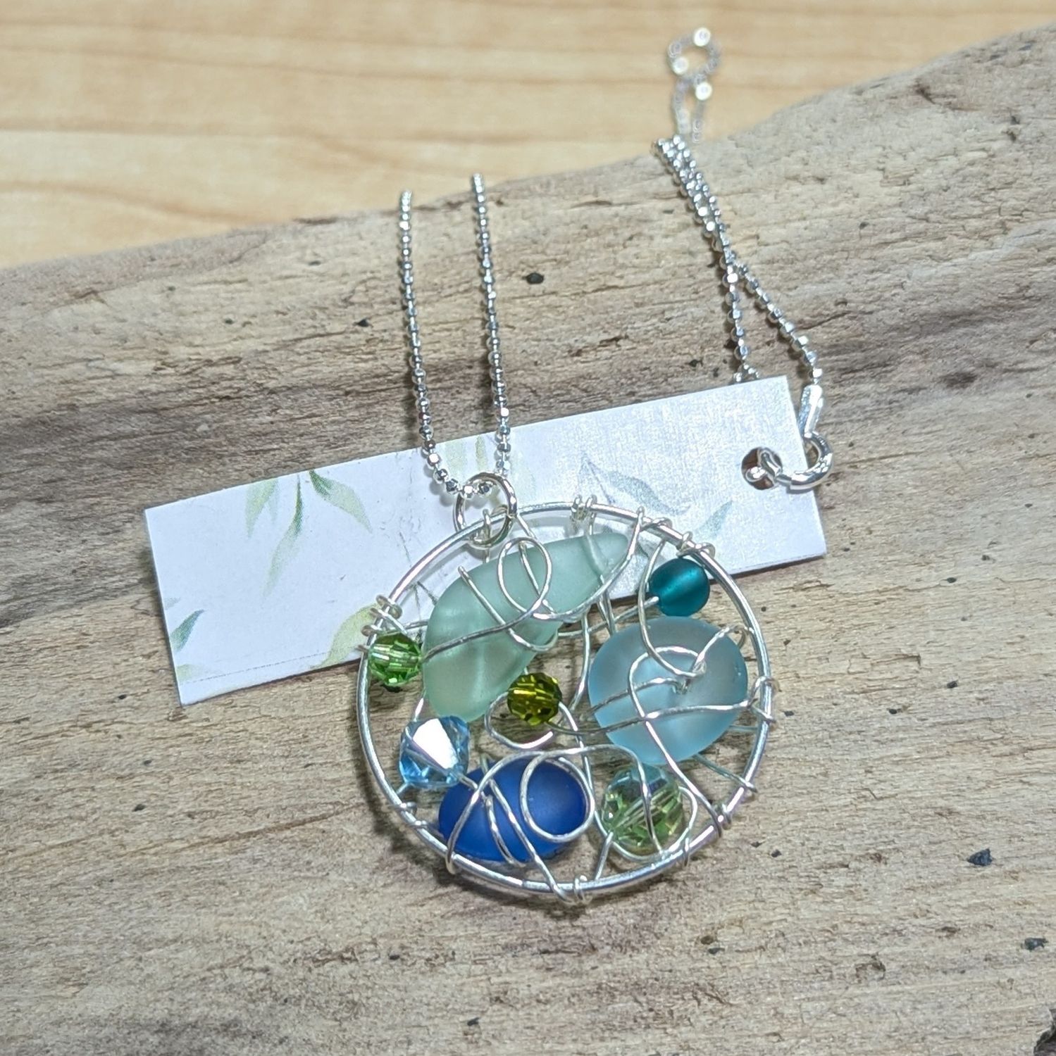 N59 Wire Web Seaglass Crystal Necklace