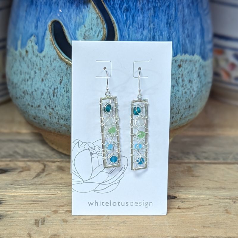 WL67 Seaglass Rectangle Wire Web Earrings