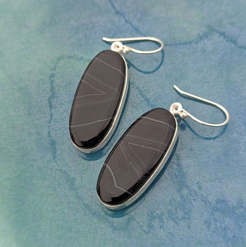 Sterling Silver Banded Agate Long Oval Earrings