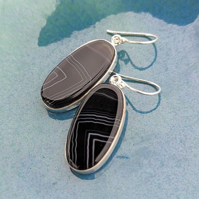 Sterling Silver Banded Agate Oval Earrings