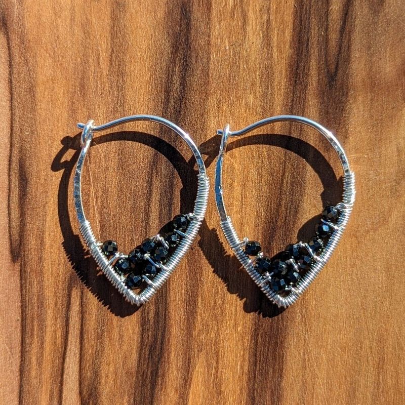 Sterling Silver Black Spinel Petal Hoops