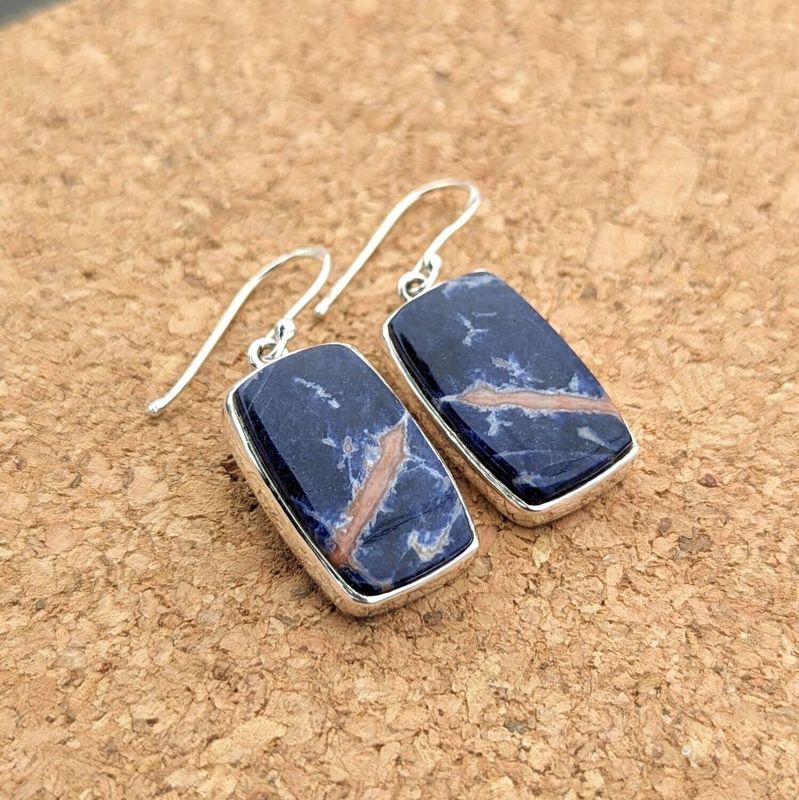 Sterling Silver Sodalite and Sunstone Rectangle Earrings