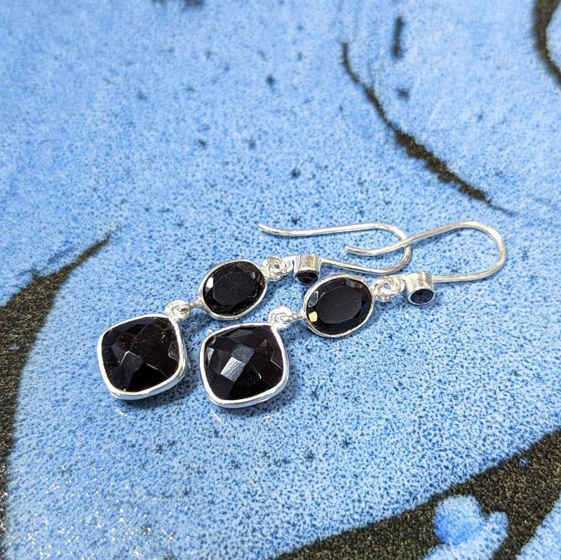 Sterling silver Black Onyx Triple Stone Earrings
