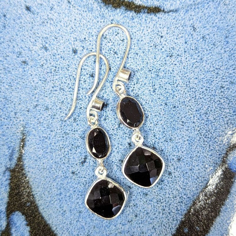 Sterling silver Black Onyx Triple Stone Earrings