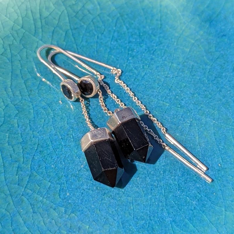 Sterling Silver Black Onyx Drop Chain Earrings