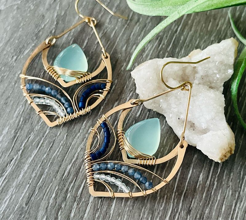 Gold Wire Statement Earrings Blue Chalcedony