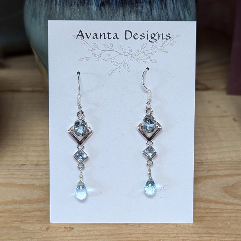 Sterling Silver Faceted Blue Topaz Triple Stone Earrings