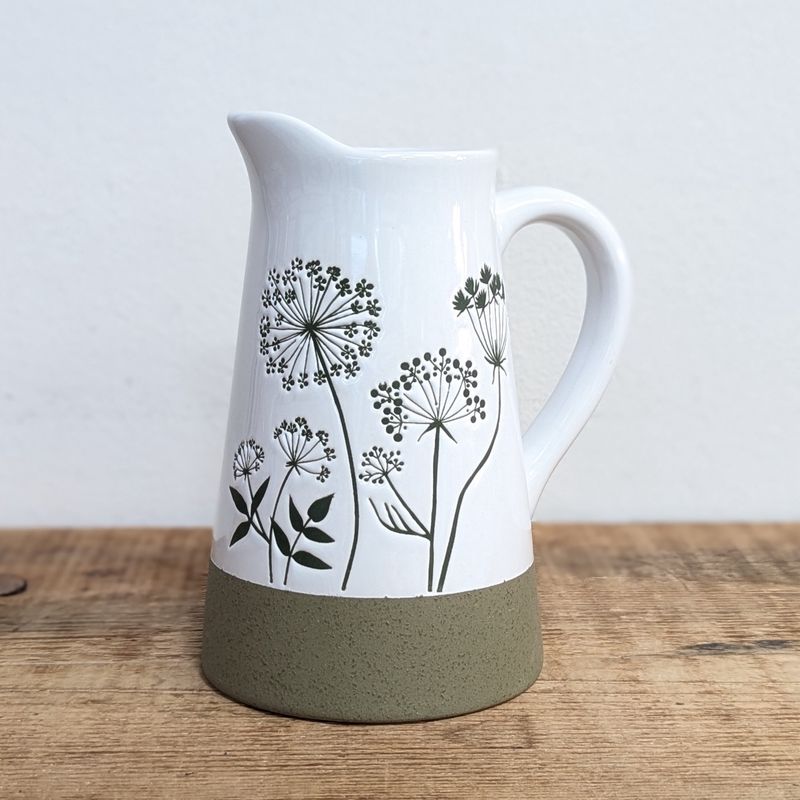 White and Green Ceramic Wildflower Pitcher
