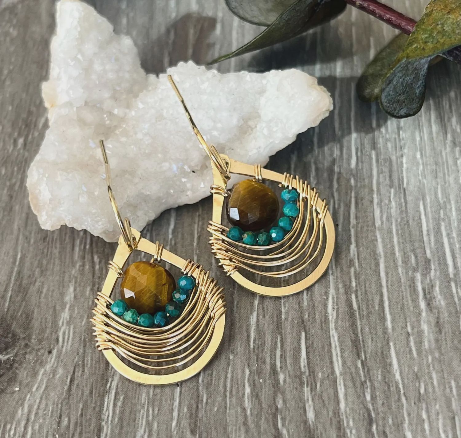 14K Gold Fill Tiger&#39;s Eye and Chrysocolla Teardrop Earrings