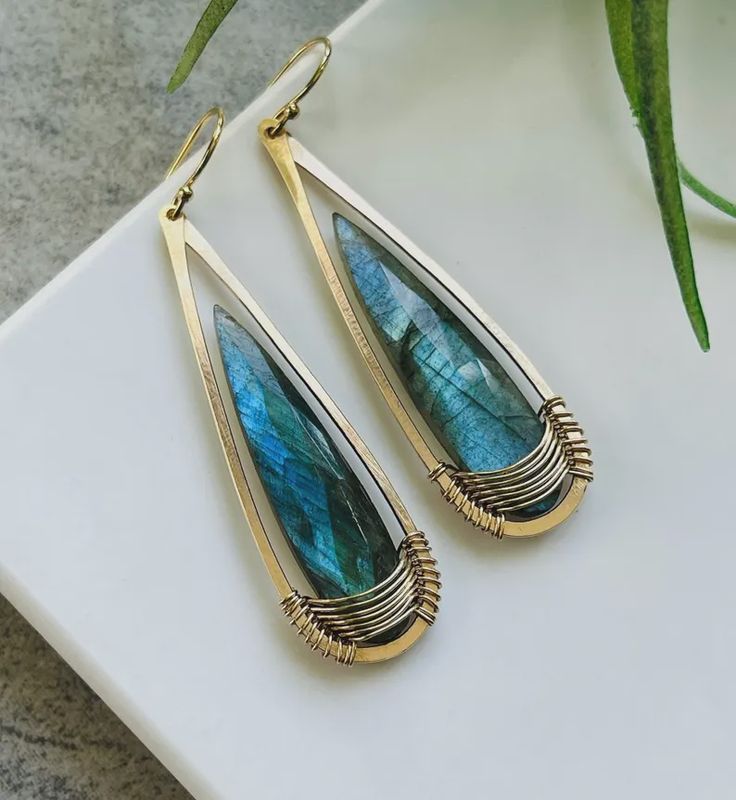 14K Gold Fill Labradorite Elongated Leaf Earrings