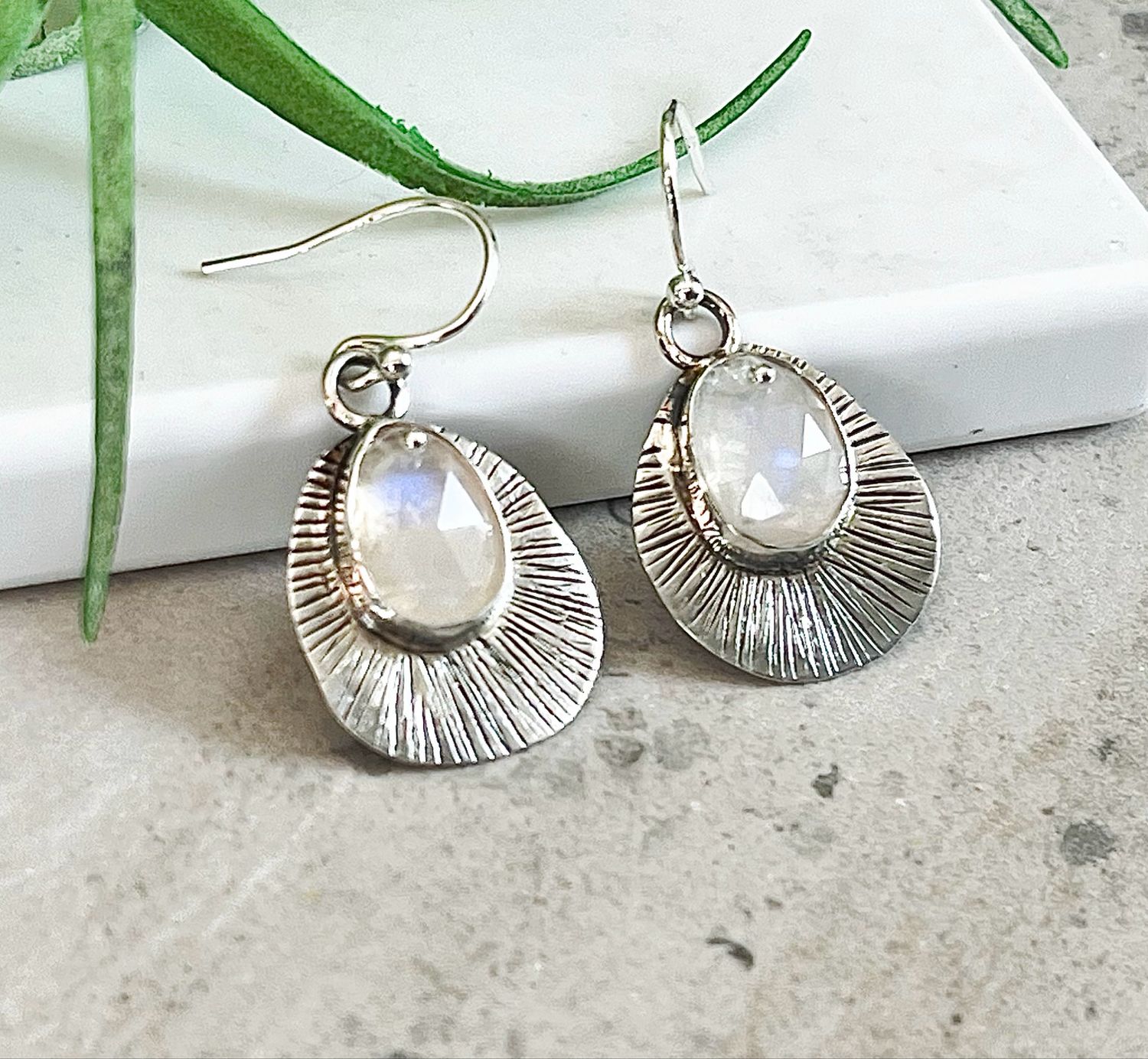Sterling Silver Rainbow Moonstone Organic Teardrop Earrings