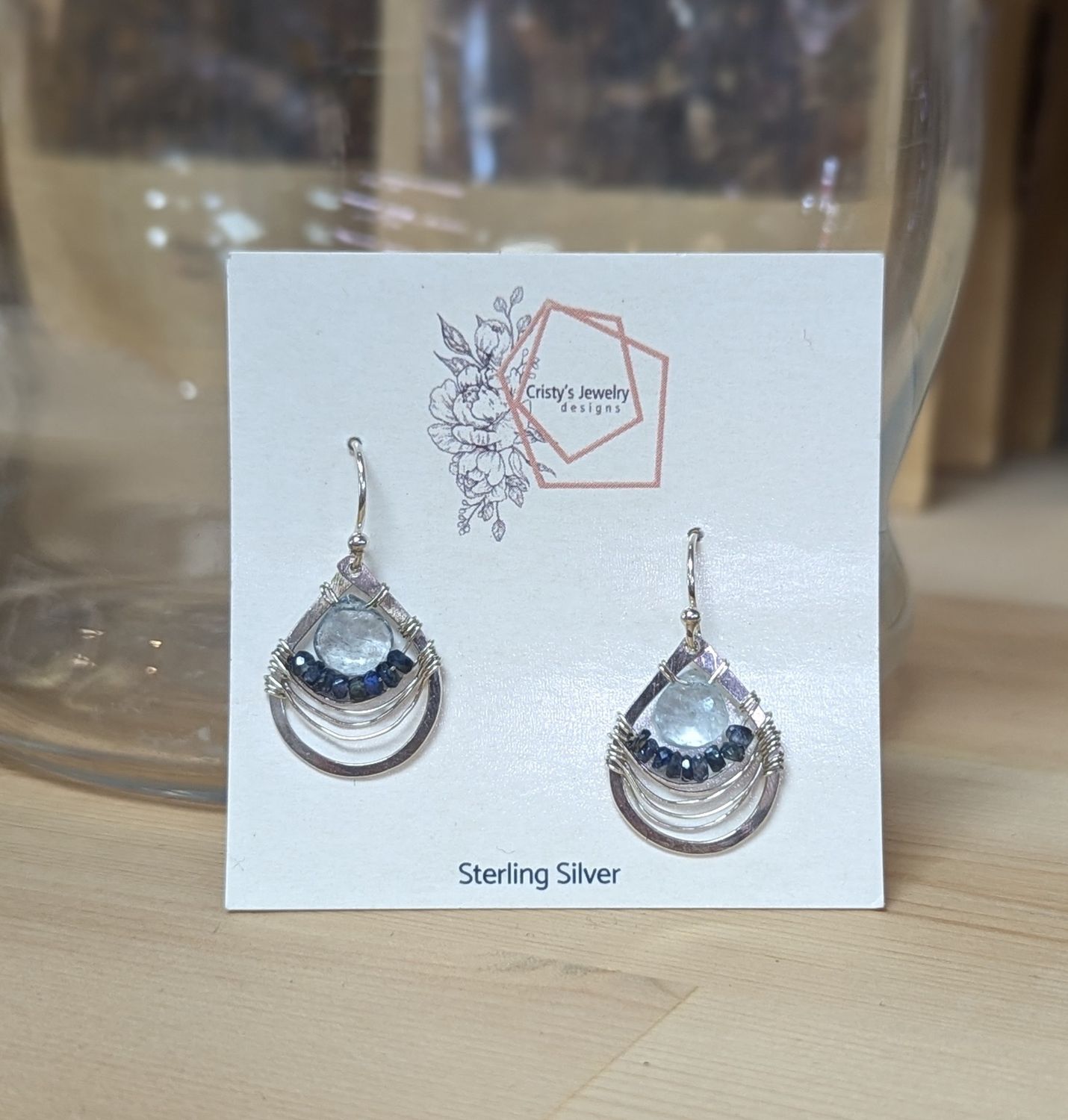 Sterling Silver Moss Aquamarine and Sapphire Teardrop Earrings