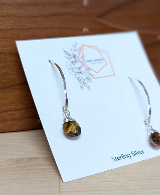 Sterling Silver Tiger&#39;s Eye Drop Threader Earrings