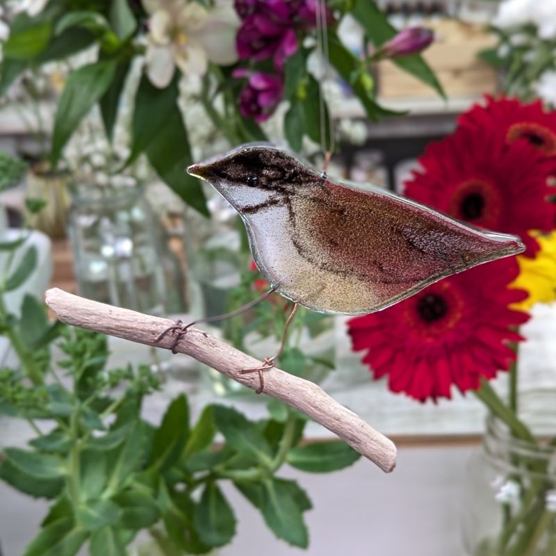 Fused Glass Brown Bird on a Stick