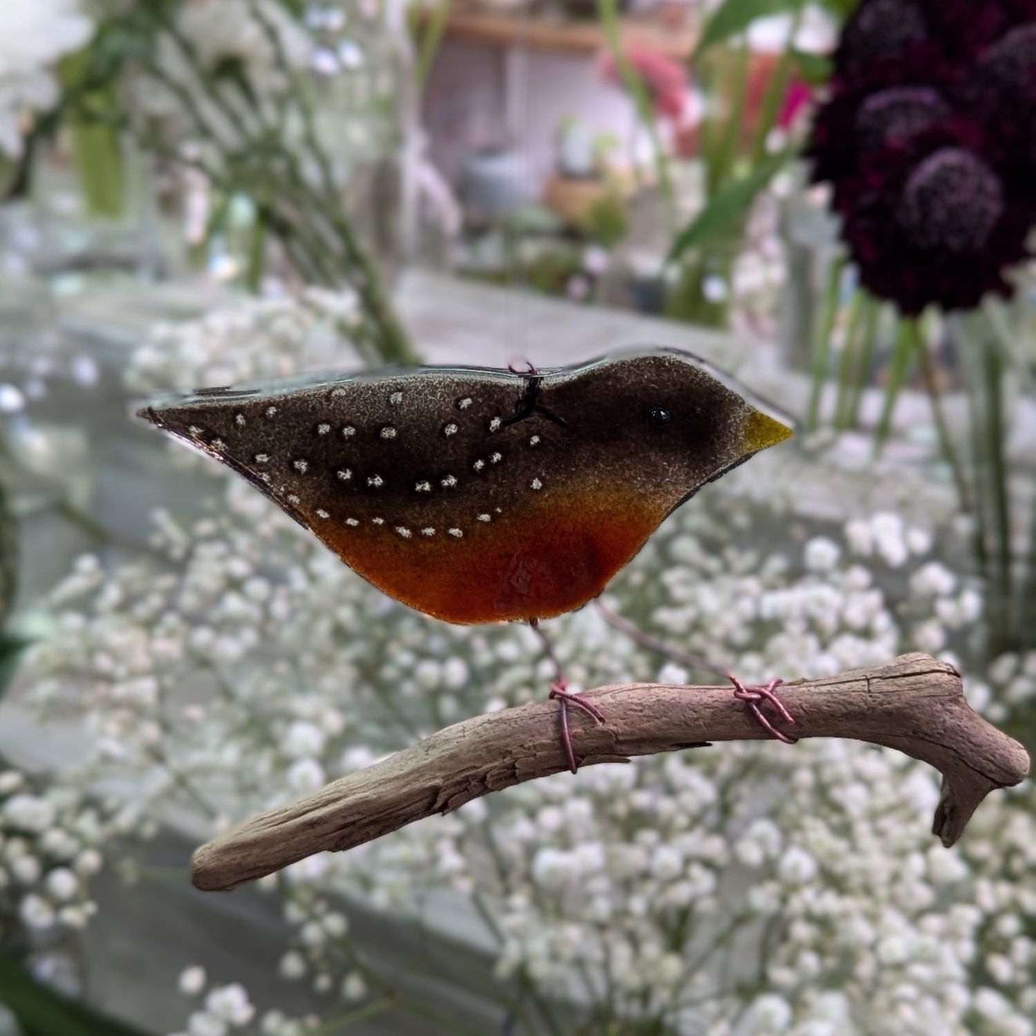 Fused Glass Red Bird on a Stick