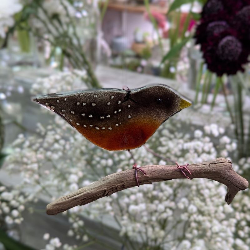 Fused Glass Red Bird on a Stick