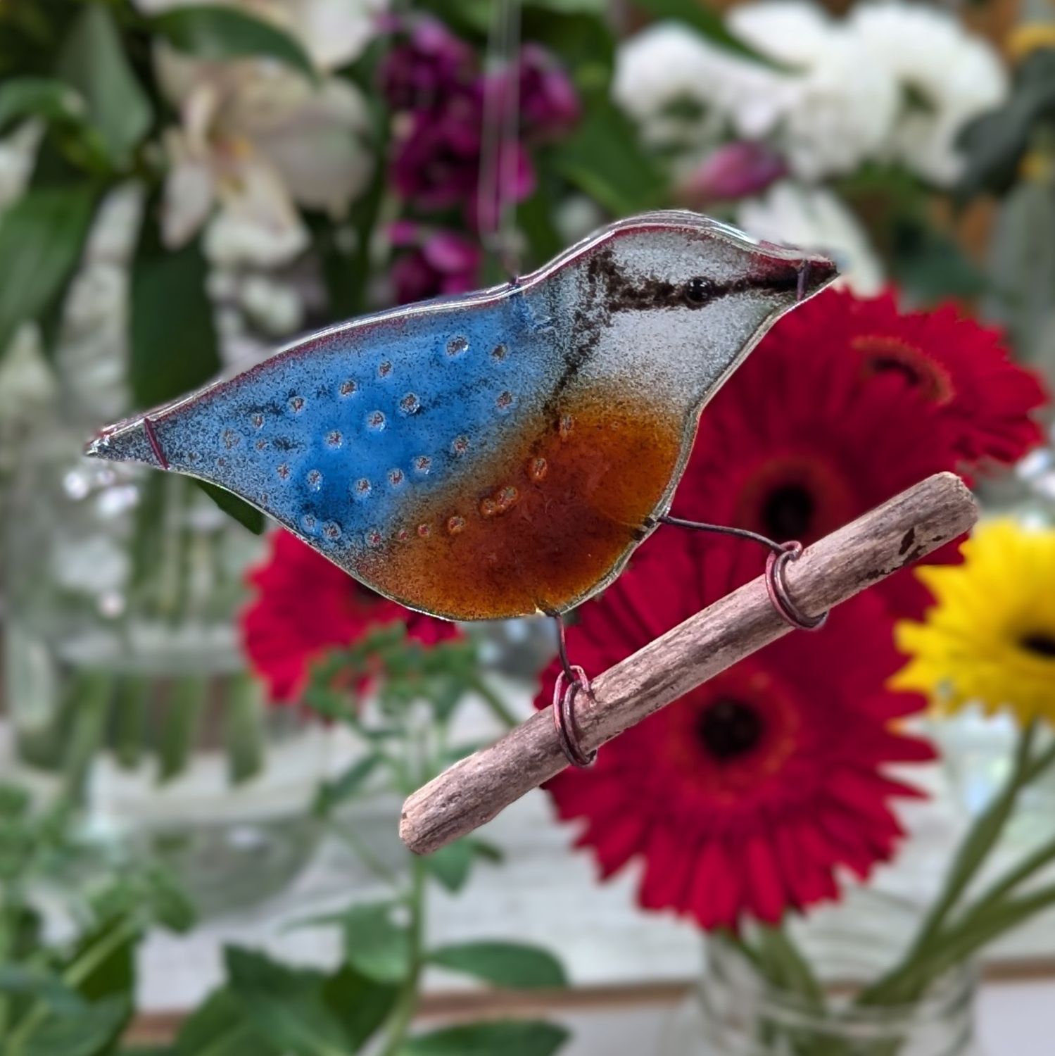 Fused Glass Blue Bird on a Stick, Colour: Red Belly
