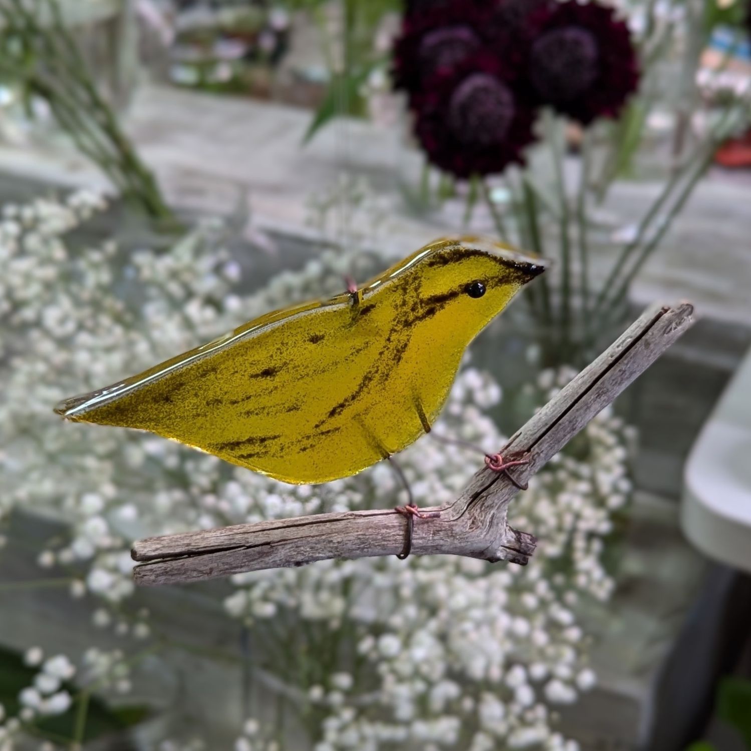 Fused Glass Yellow Bird on a Stick