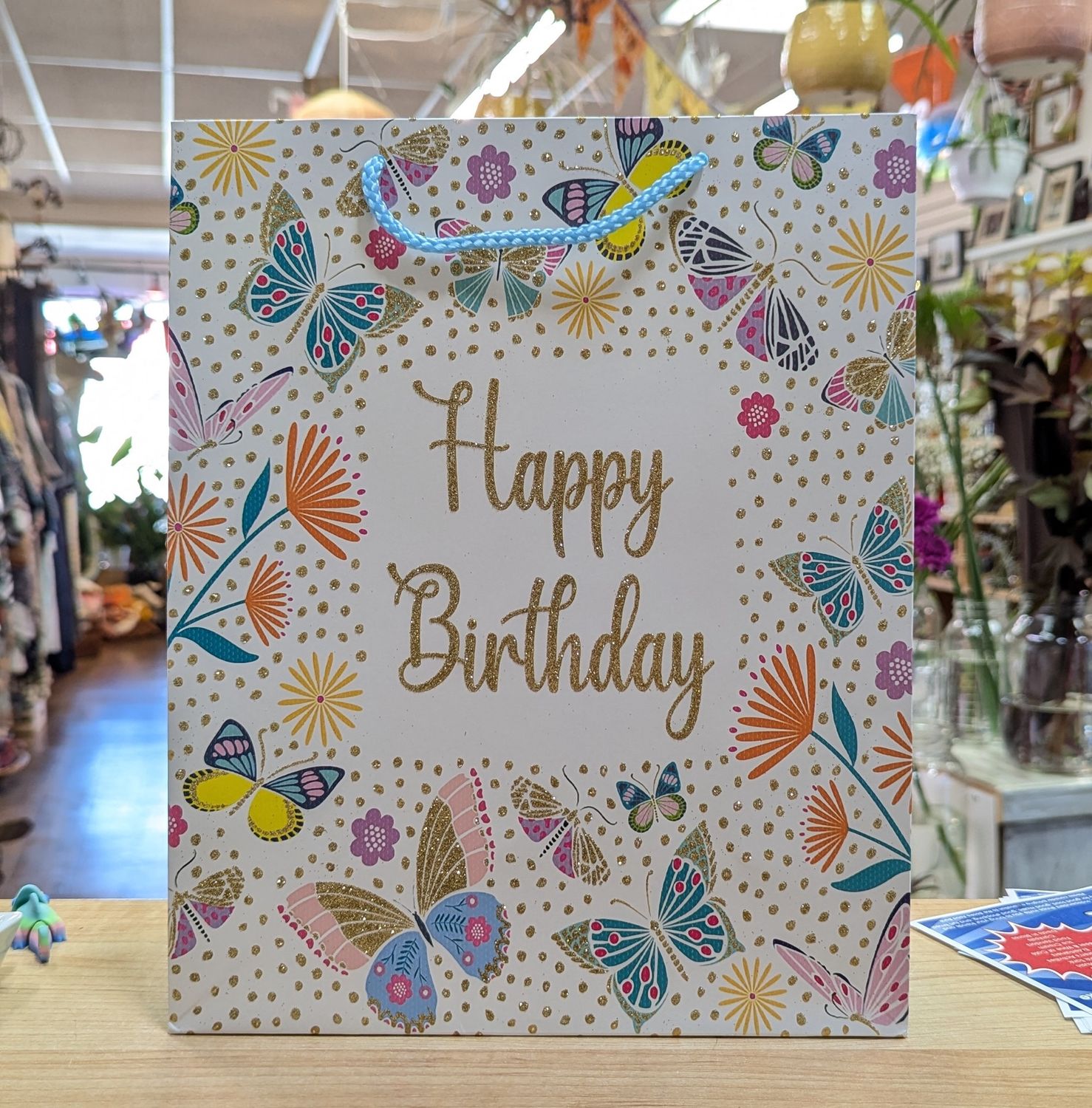 Happy Birthday Butterflies and Flowers Sparkle Gift Bag 26 x 32 x 10 CM