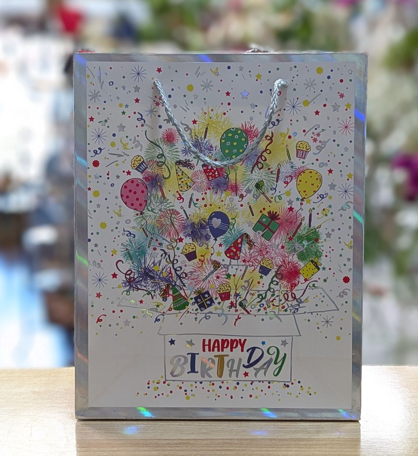 Silver Happy Birthday Explosion Gift Bag 18 x 23 x 10 cm