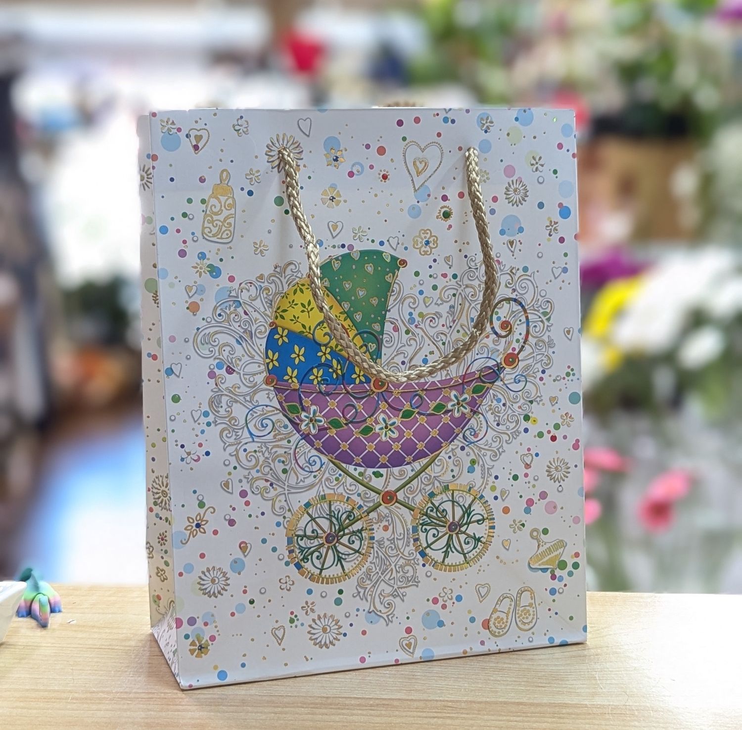 Gold Baby Carriage Gift Bag 18 x 23 x 10 cm