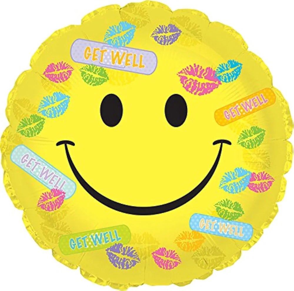 18&quot; Get Well Soon Kisses Smiley Face Mylar Balloon