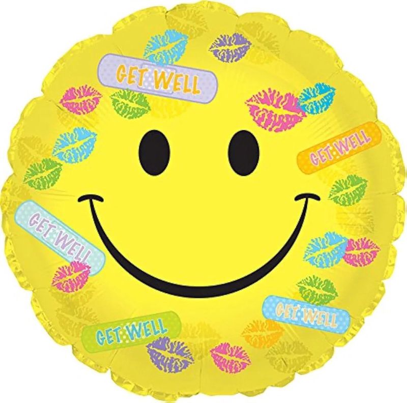18&quot; Get Well Soon Kisses Smiley Face Mylar Balloon