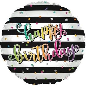 18&quot; Happy Birthday Black and White Stripes Mylar Balloon