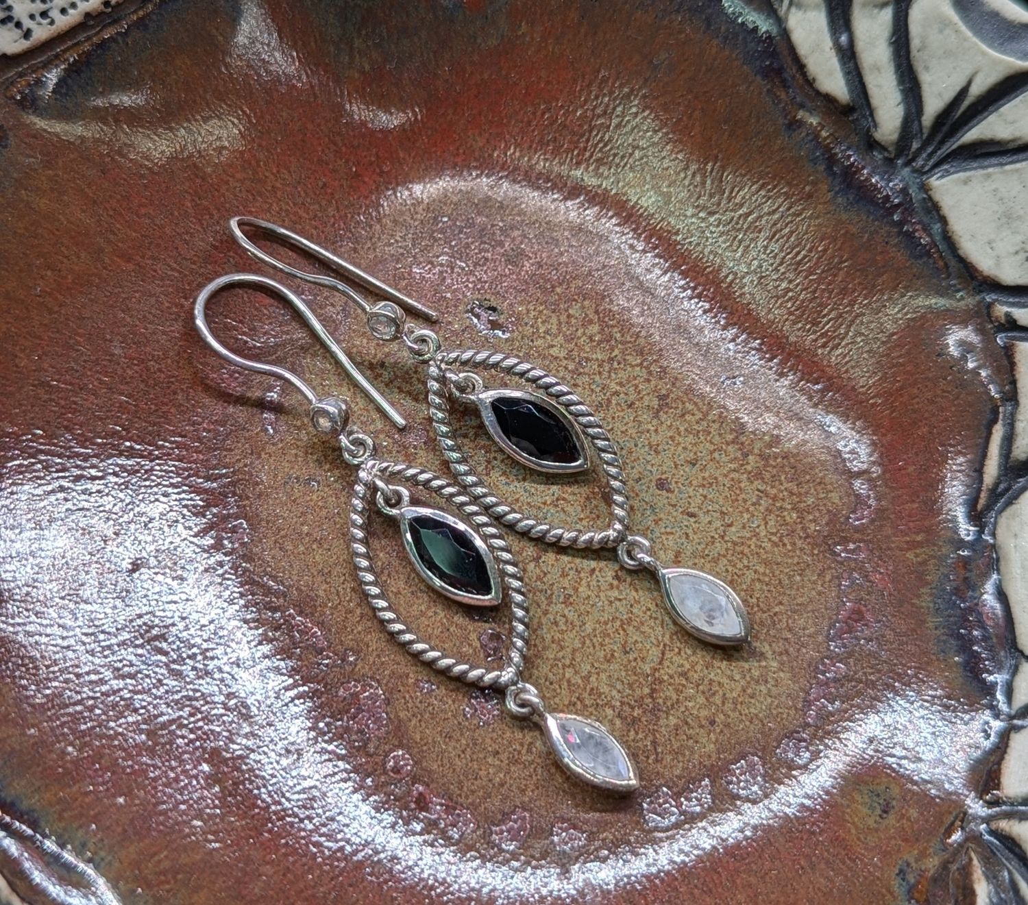 Sterling Silver Black Onyx and Moonstone Rope Earrings
