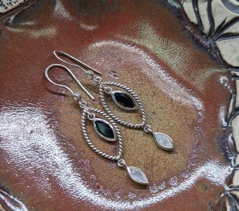 Sterling Silver Black Onyx and Moonstone Rope Earrings
