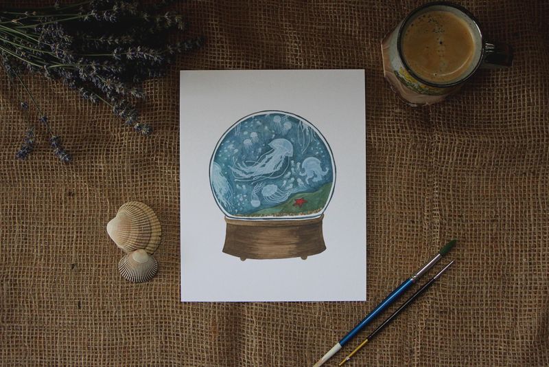 5 x 7 Jellyfish Snow Globe Watercolour Print