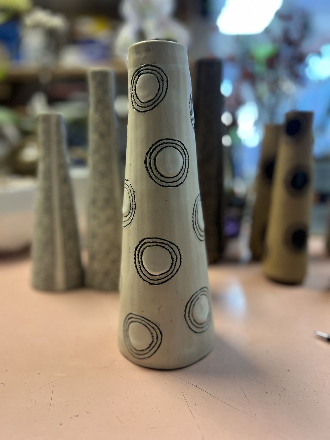Candleholder-White clay with circles