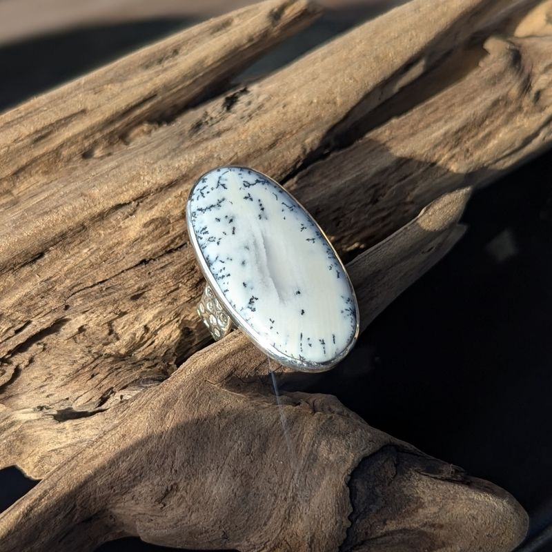 Large Oval Dentridic Opal Sterling Silver Ring (9.5)