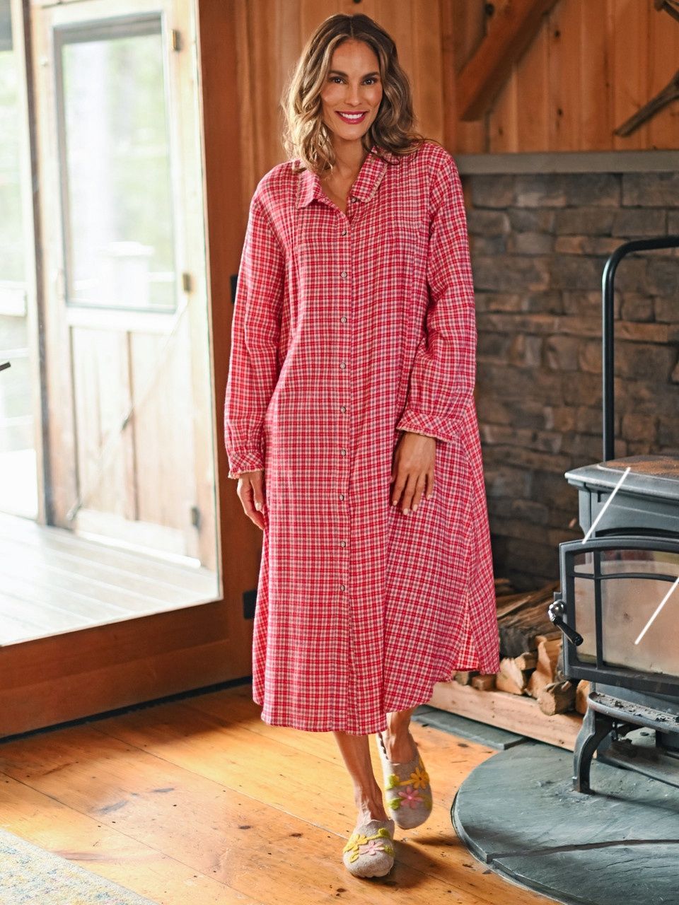 Red Ecru Farmgirl&#39;s Plaid Nightshirt