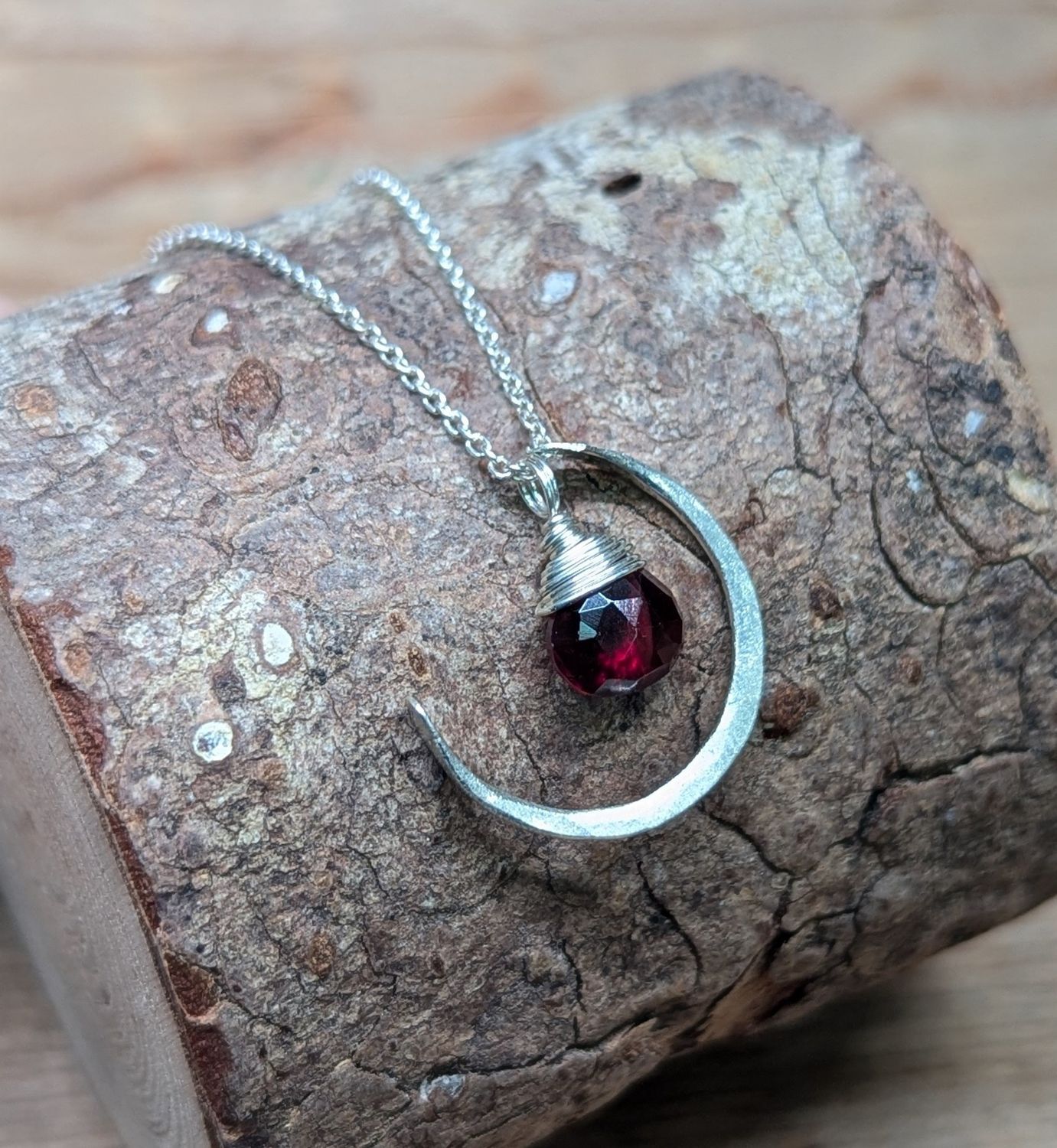 Garnet Sterling Silver Crescent Moon Necklace