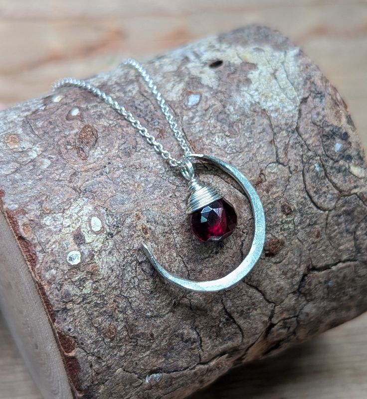 Garnet Sterling Silver Crescent Moon Necklace