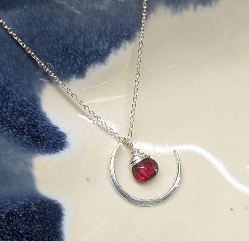 Garnet Sterling Silver Crescent Moon Necklace