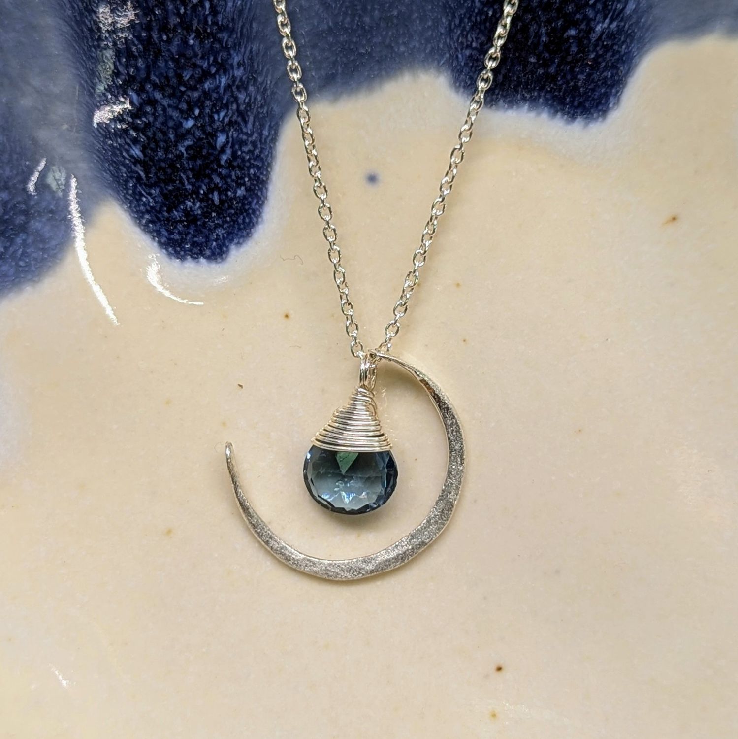 Blue Quartz Sterling Silver Crescent Moon Necklace