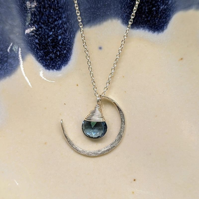 Blue Quartz Sterling Silver Crescent Moon Necklace