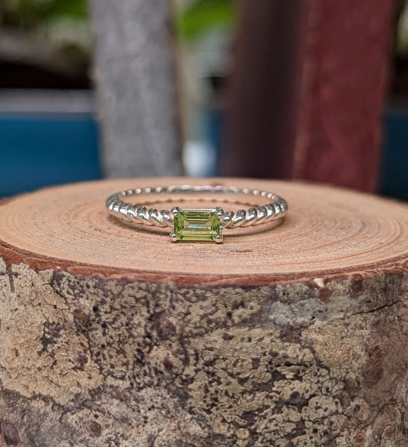 Dainty Rectangle Peridot Sterling Silver Ring (8.5)