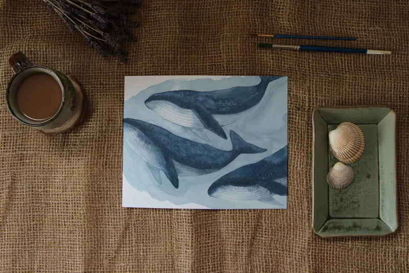 5 x 7 Humpback Whale Pod Watercolour Print