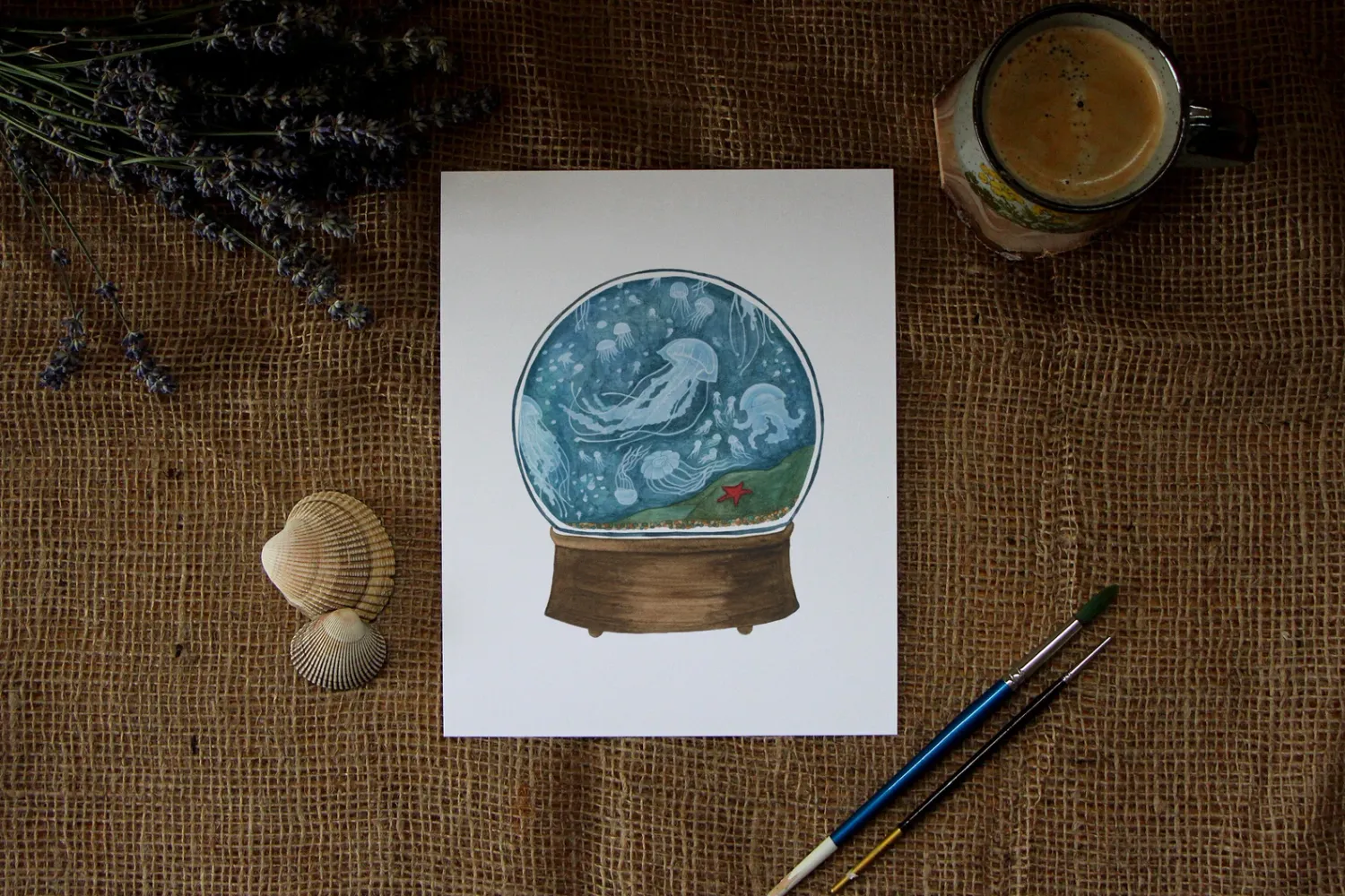 5 x 7 Jellyfish Snow Globe Watercolour Print