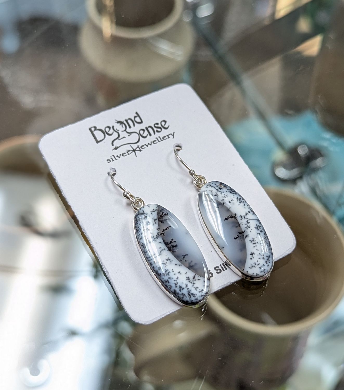 Large Oval Dentritic Opal Sterling SIlver Earrings