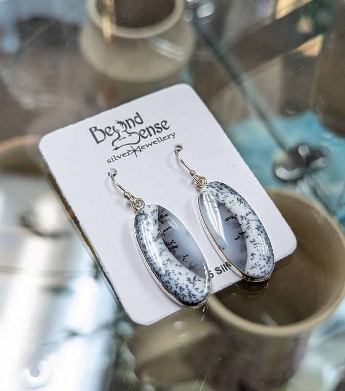 Large Oval Dentritic Opal Sterling SIlver Earrings