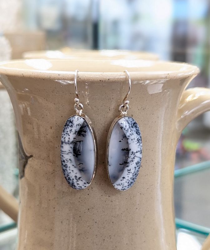 Large Oval Dentritic Opal Sterling SIlver Earrings