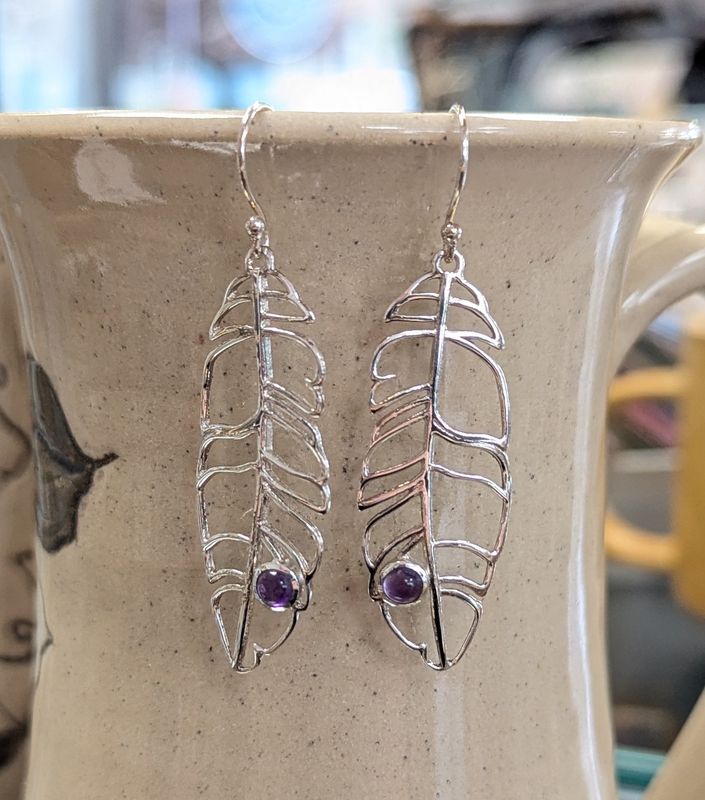 Amethyst Feather Sterling Silver Earrings